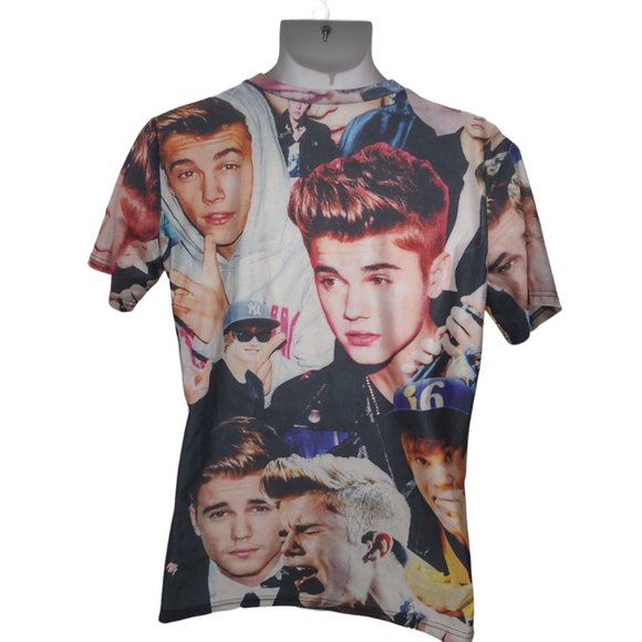 Justin Bieber All Over Print Pictures of Face Photos Stretch T Shirt M-L - Picture 4 of 7